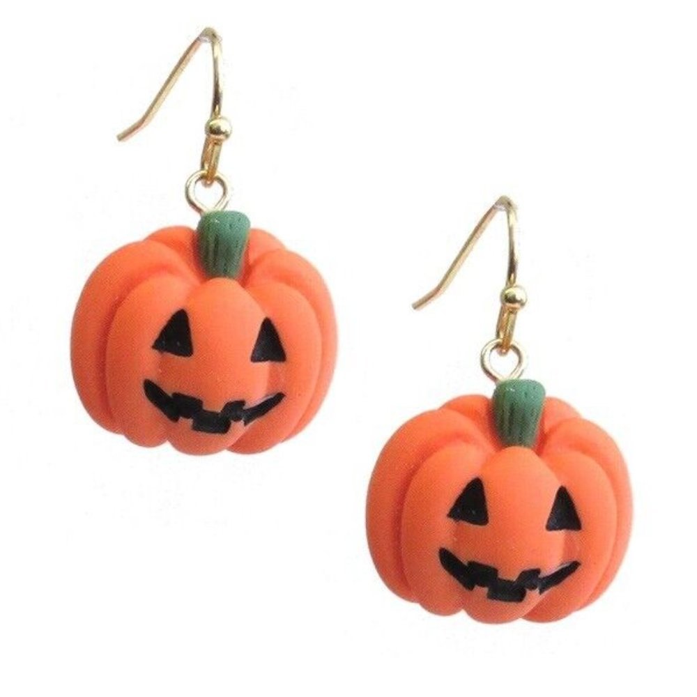 Jack O'Lantern Pumpkin Earrings Dangle Orange Clay Halloween Small